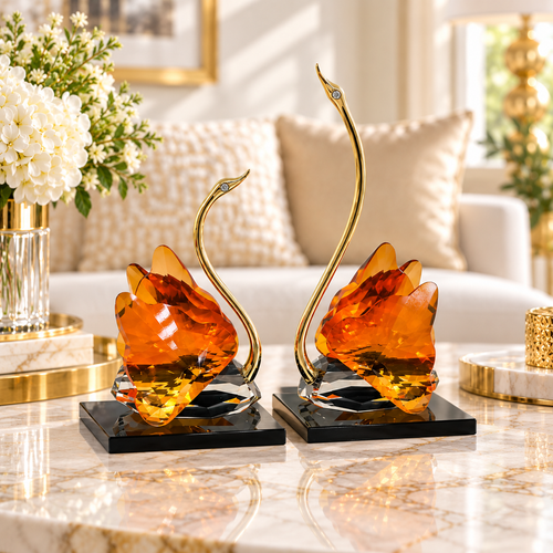 Modern Amber Gold Crystal Swan Pair