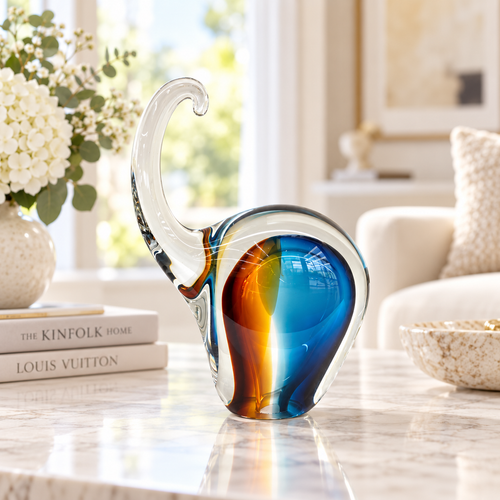 Ocean & Amber Glass Elephant Sculpture