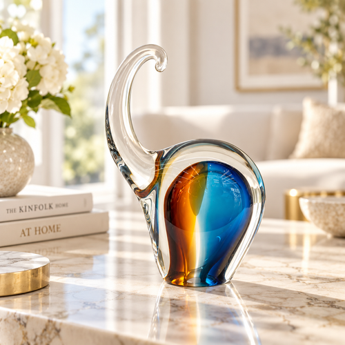 Ocean & Amber Glass Elephant Sculpture
