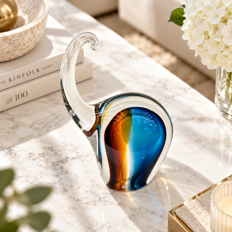 Ocean & Amber Glass Elephant Sculpture