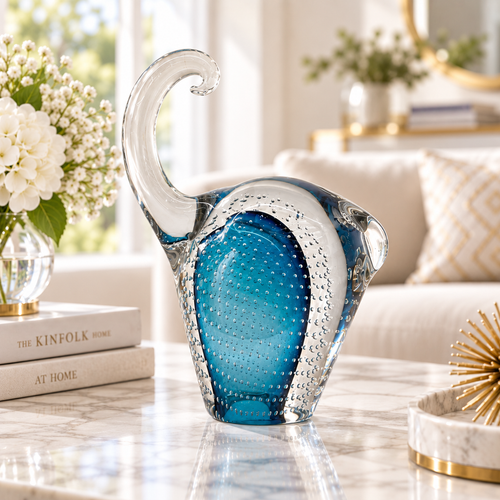 Ocean Blue Bubble Glass Elephant Figurine