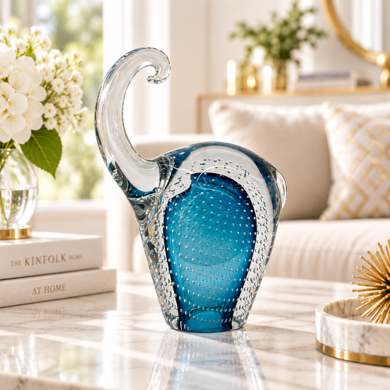 Ocean Blue Bubble Glass Elephant Figurine