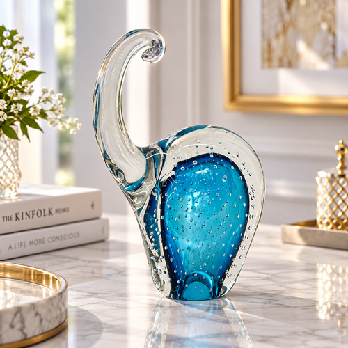 Cerulean Blue Bubble Glass Elephant Figurine