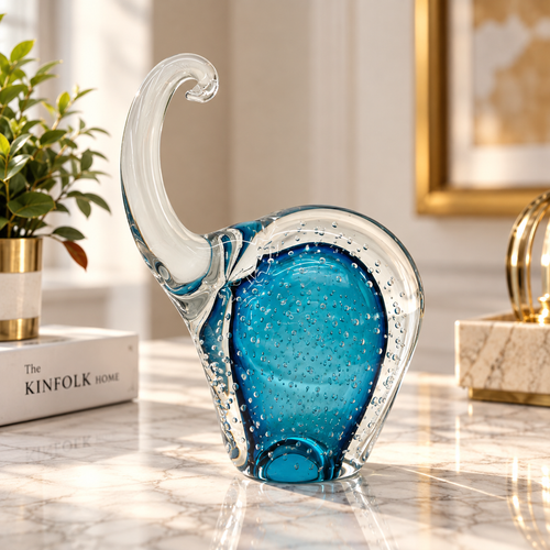 Cerulean Blue Bubble Glass Elephant Figurine