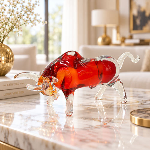 Fiery Red & Amber Glass Bull Figurine