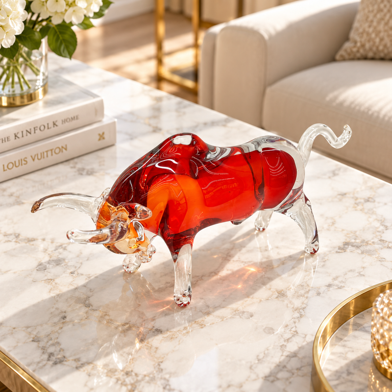 Fiery Red & Amber Glass Bull Figurine