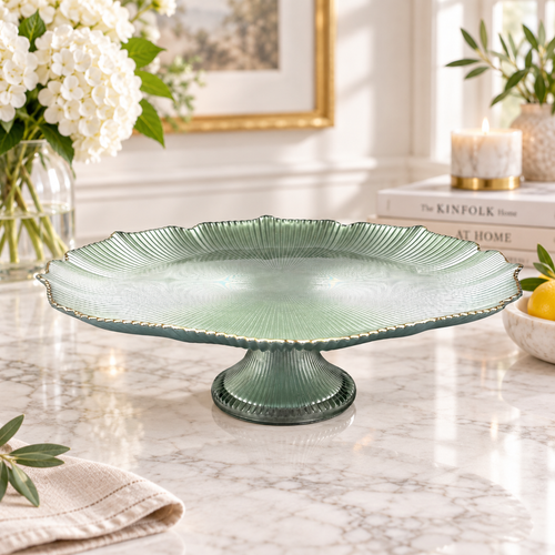 Gold Rim Textured Sage Green Glass Dessert Platter