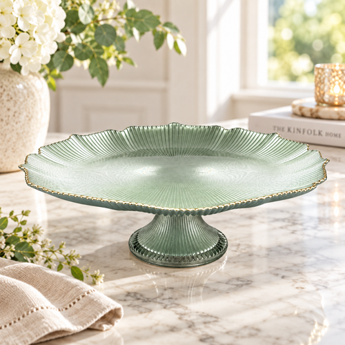 Gold Rim Textured Sage Green Glass Dessert Platter
