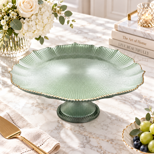 Gold Rim Textured Sage Green Glass Dessert Platter