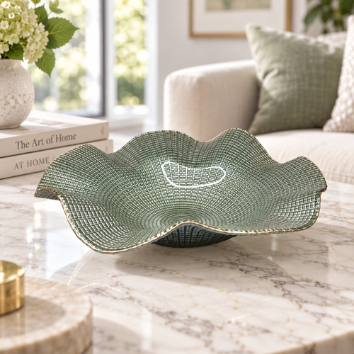 Elegant Sage Cross Hatch Wave Glass Bowl