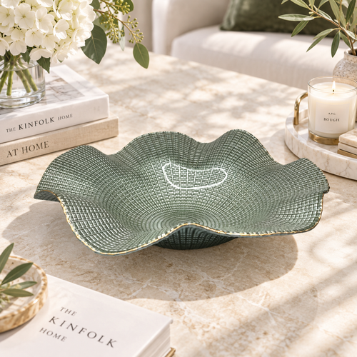 Elegant Sage Cross Hatch Wave Glass Bowl