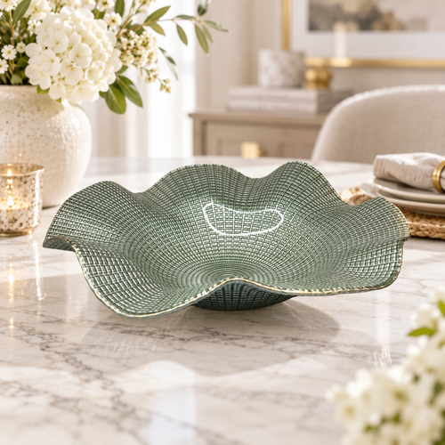 Elegant Sage Cross Hatch Wave Glass Bowl