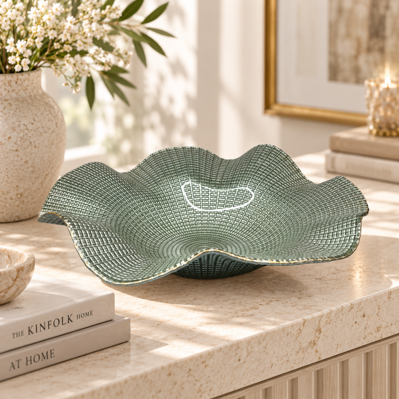 Elegant Sage Cross Hatch Wave Glass Bowl