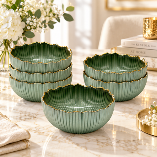 Elegant Gold Rim Emerald Glass Lotus Bowl Set 6 Piece