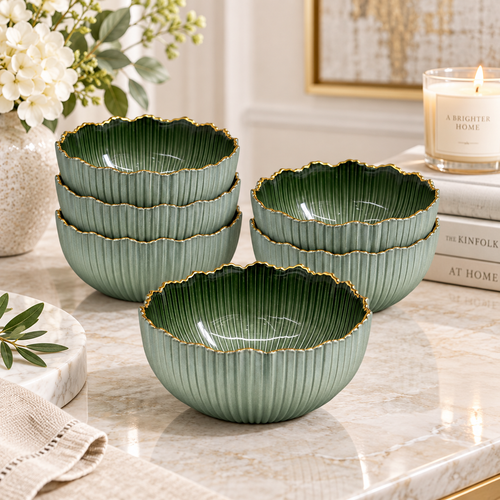 Elegant Gold Rim Emerald Glass Lotus Bowl Set 6 Piece