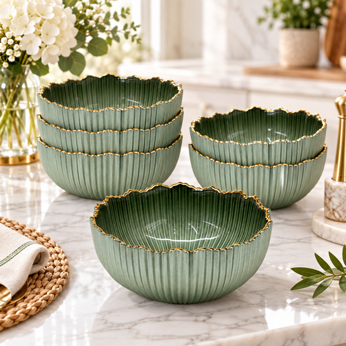 Elegant Gold Rim Emerald Glass Lotus Bowl Set 6 Piece