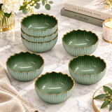Elegant Gold Rim Emerald Glass Lotus Bowl Set 6 Piece