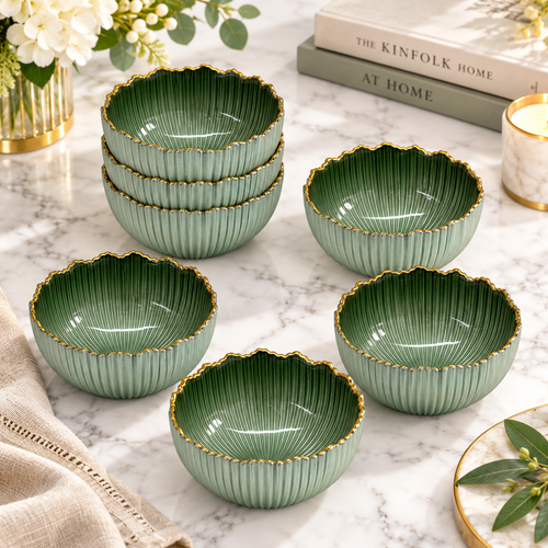 Elegant Gold Rim Emerald Glass Lotus Bowl Set 6 Piece