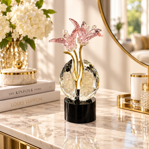 Modern Rose Crystal Dual Lily Sculpture