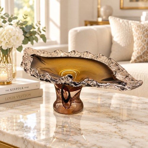 Murano-Style Amber & Clear Centerpiece Bowl