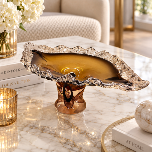 Murano-Style Amber & Clear Centerpiece Bowl