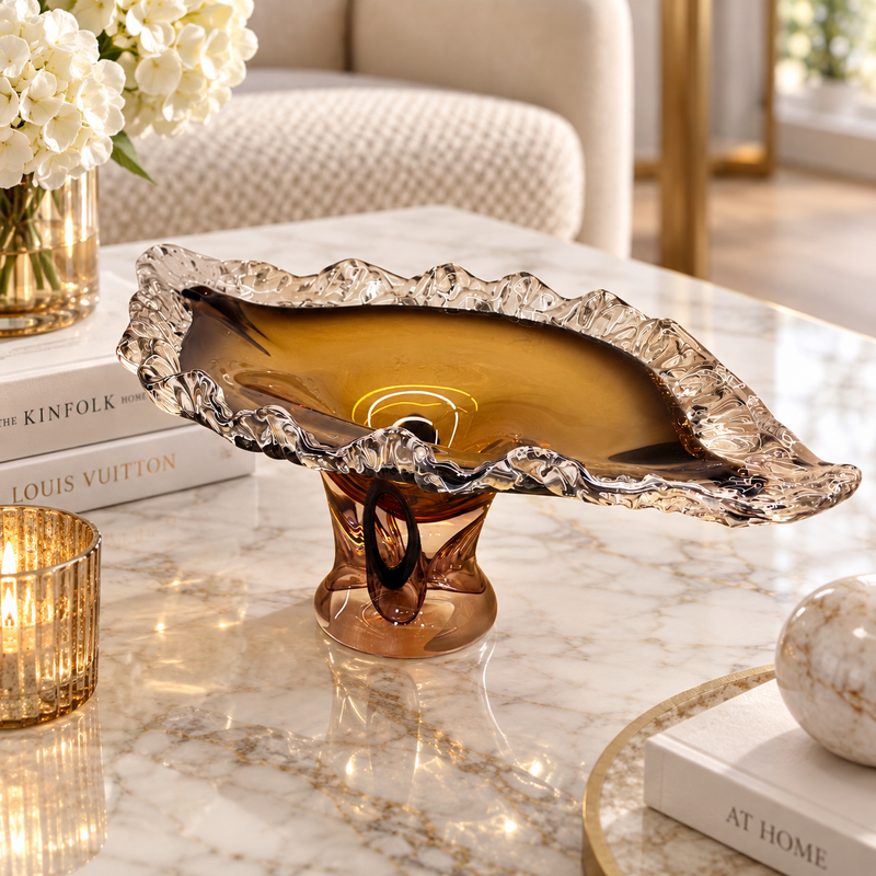 Murano-Style Amber & Clear Centerpiece Bowl