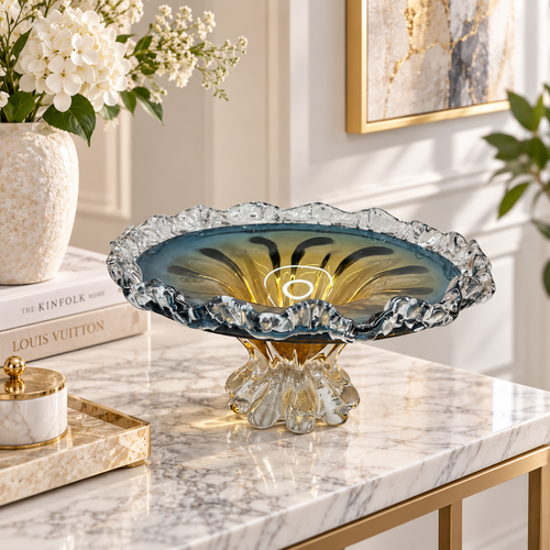 Elegant Teal Wave Glass Centerpiece Bowl