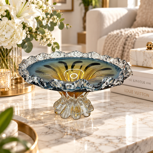 Elegant Teal Wave Glass Centerpiece Bowl