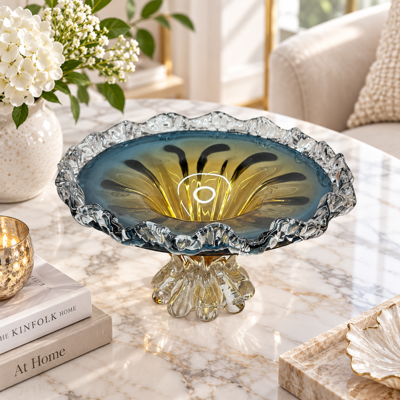 Elegant Teal Wave Glass Centerpiece Bowl