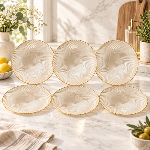 Elegant Pearl Swirl Glass Plate Set 6 Piece