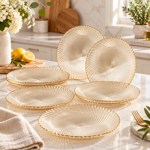 Elegant Pearl Swirl Glass Plate Set 6 Piece