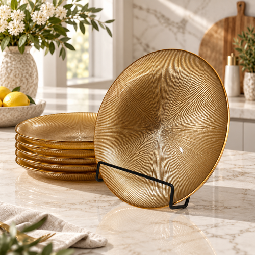 Elegant Amber Gold Sunburst Glass Plate Set 6 Piece