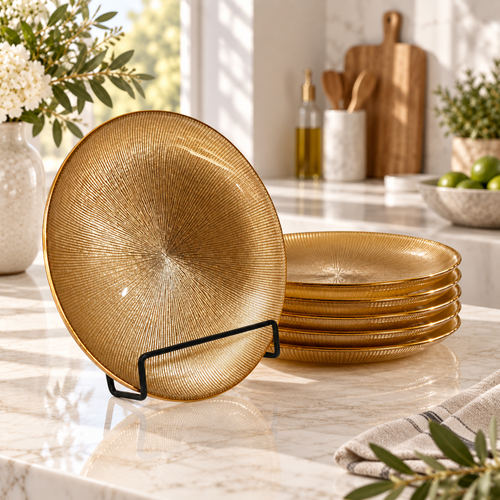 Elegant Amber Gold Sunburst Glass Plate Set 6 Piece