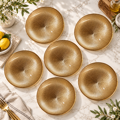 Elegant Amber Gold Sunburst Glass Plate Set 6 Piece