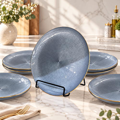 Elegant Blue Sunburst Glass Plate Set 6 Piece