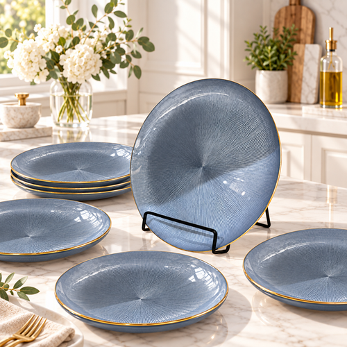 Elegant Blue Sunburst Glass Plate Set 6 Piece
