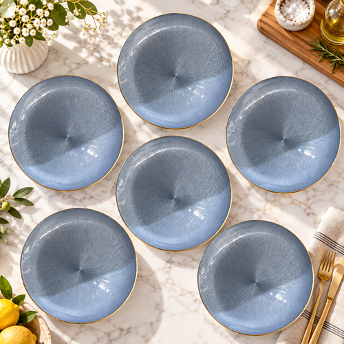Elegant Blue Sunburst Glass Plate Set 6 Piece