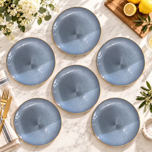 Modernist Gold Rimmed Radial Glass Plate Set 6 Piece
