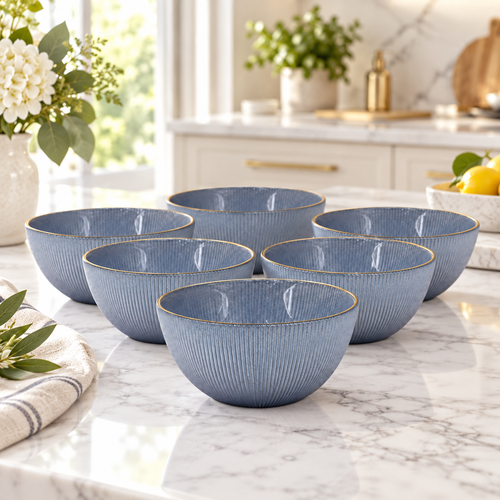 Elegant Slate Blue Glass Serving Bowl Set 6 Piece