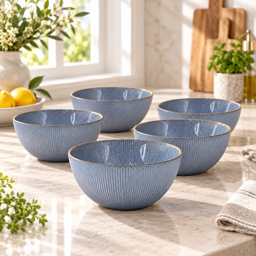 Elegant Slate Blue Glass Serving Bowl Set 6 Piece