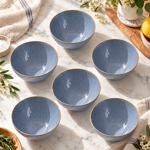 Elegant Slate Blue Glass Serving Bowl Set 6 Piece