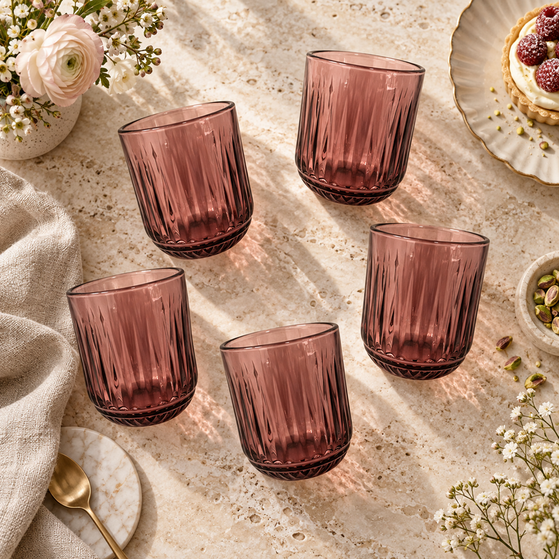 Smoky Rose Vertical Textured Glass Set 6 Piece (250 ML)