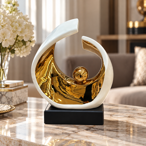 Abstract Crescent Ivory & Gold Sculpture