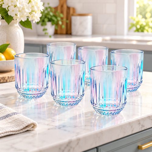 Elegant Iridescent Prism Colored Glass Set 6 Piece (250 ML)