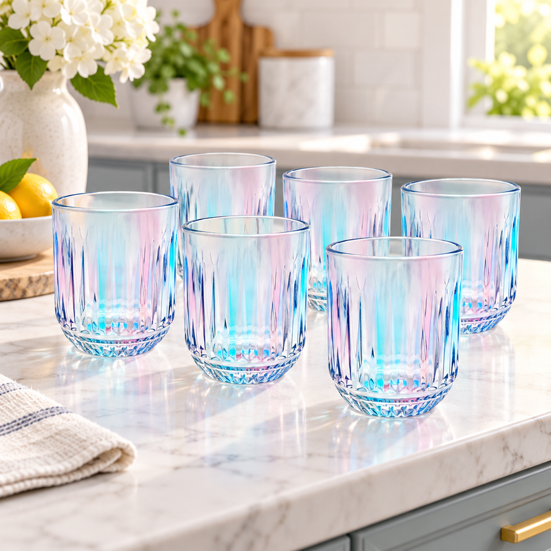 Elegant Iridescent Prism Colored Glass Set 6 Piece (250 ML)
