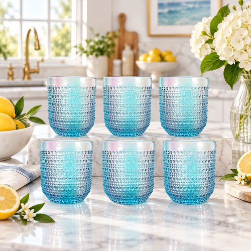 Modern Cyan Textured Honeycomb Glass Set 6 Piece (250 ML)
