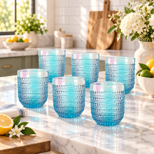 Modern Cyan Textured Honeycomb Glass Set 6 Piece (250 ML)