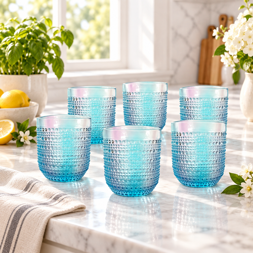 Modern Cyan Textured Honeycomb Glass Set 6 Piece (250 ML)