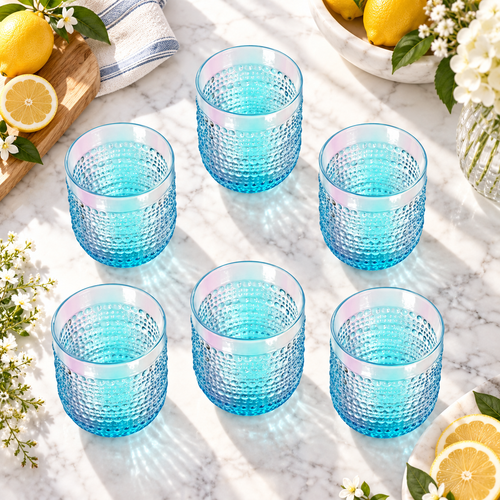 Modern Cyan Textured Honeycomb Glass Set 6 Piece (250 ML)