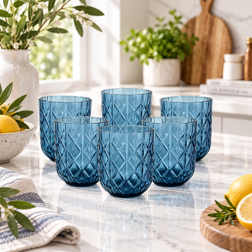 Ocean Blue Diamond Cut Glass Set 6 Piece (350 ML)